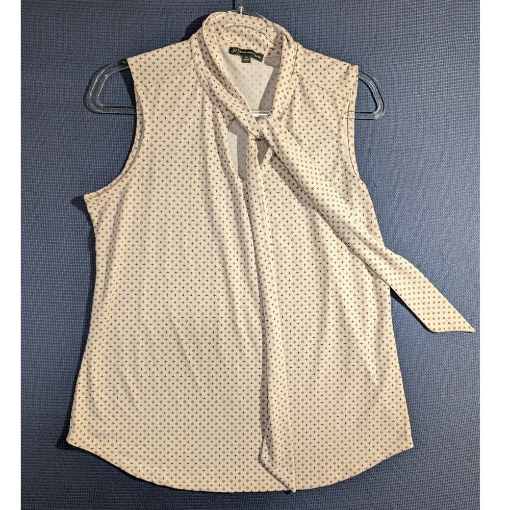 Adrianna Papell Sleeveless Tie Neck Blouse Cream Black Geometric Print Medium